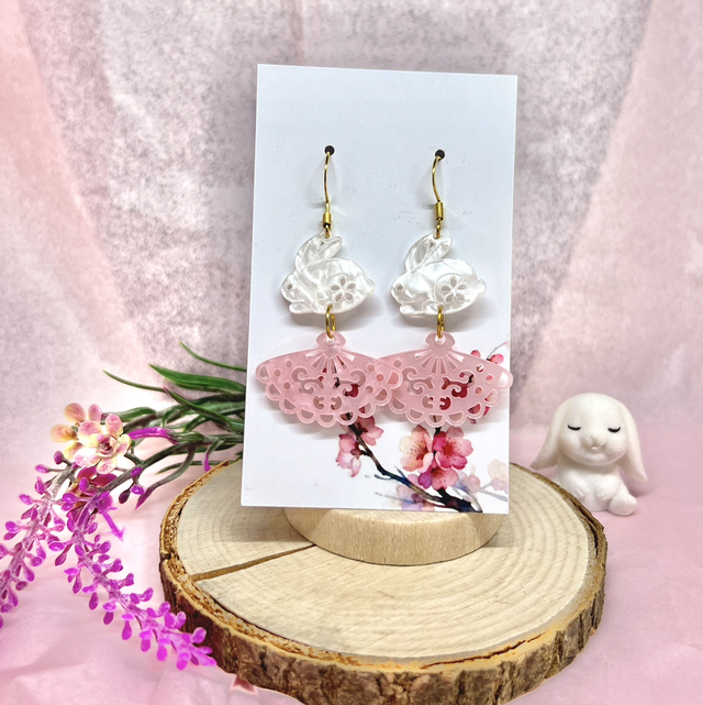 Hasen Ohrringe mit Fächer – Japanischer Schmuck Edelstahl