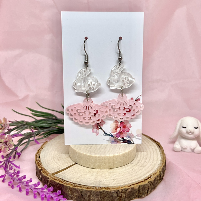 Hasen Ohrringe mit Fächer – Japanischer Schmuck Edelstahl